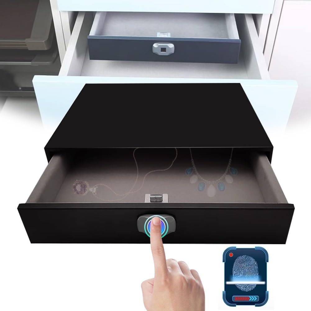 DYK&NX Cassaforte per Impronte Digitali Cassetto, Cassaforte Elettronica con Identificazione delle Dita, installare mimetizzata sul Fondo dell'Armadio, per Oggetti di Valore