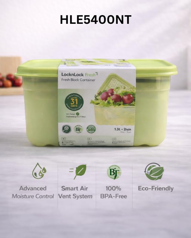Image of LocknLock Fresh Block 1.5L Vegetable Storage Container with Drain Tray | Airtight Fridge Storage Box with Air Vent System | BPA-Free Fruit & Vegetable Keeper for Refrigerator