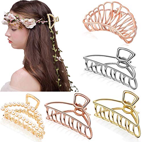 YouthBro 5 Pack Large Metal Hair Clip, Peal Hair Claw Barrette Catch Jaw Clamp for Women Girls to hold Thick Long Hair,Gold, Sliver, Rose Gold