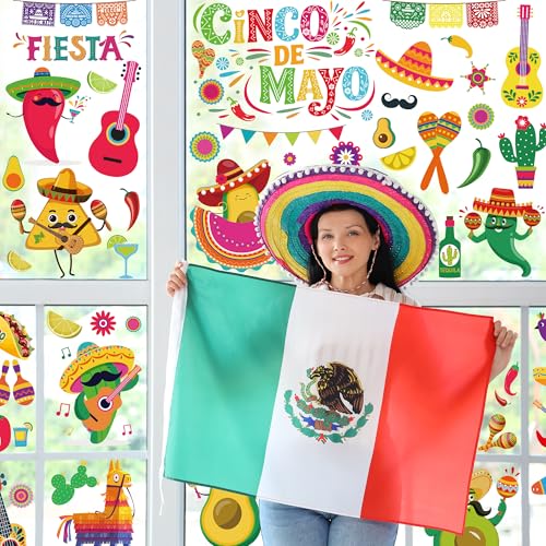 Image of 72 PCS Cinco De Mayo Decorations, 9 Sheets Cinco De Mayo Window Clings, Double-Sided Mexican Stickers with Tacos Guitars Cactus Peppers Designs, Fiesta Party Decor for Window Glass Home Store