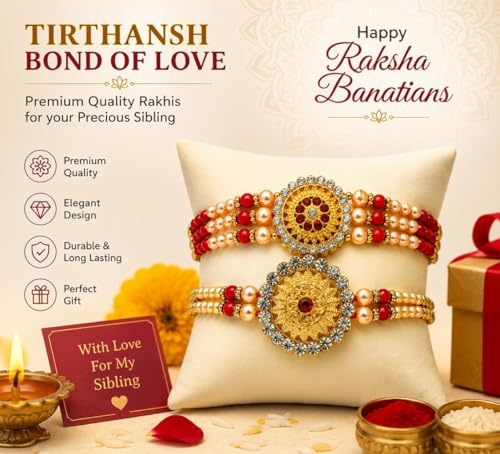 Image of Rakhi Gold Plated Kundan traditional (Set of 2) with Roli Chawal and Raksha Bandhan Greeting Card for Brother (R-1 & R-2)