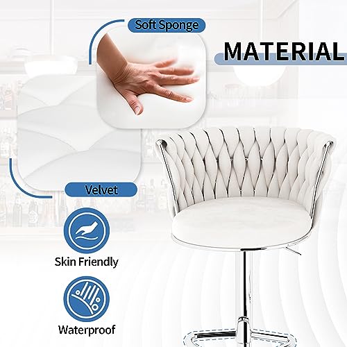 Image of AWQM Velvet Bar Stool Set of 2, Counter Height Barstools with Adjustable Swivel Chairs, Upholstered Bar Chairs with Back & Footrest, Beige