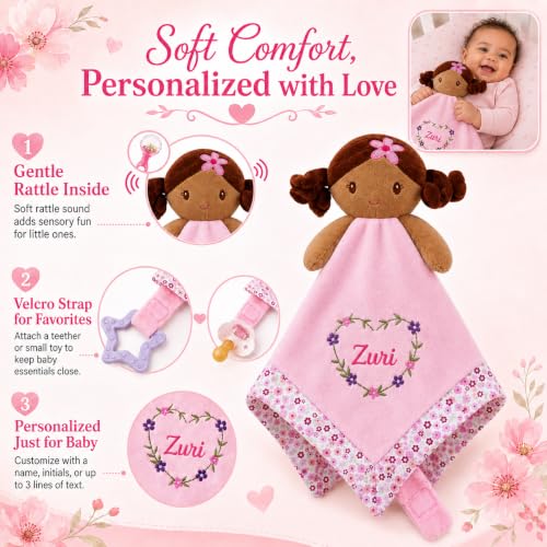 Image of June Garden Personalized Baby Girl Lovey Blanket Zuri - 15 inch x 15 inch Plush Comforter with Rattle Doll Head, Custom Name Embroidery Security Blanket with Toy Attachment Strap