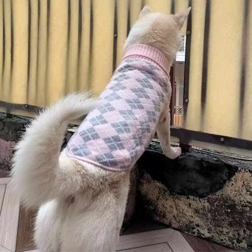 Image of Lulala Dog Sweater for Winter - Soft Pink and Grey Argyle Pattern, Warm Knit Sweater for Small to Medium Breeds, Cozy Dog Clothes