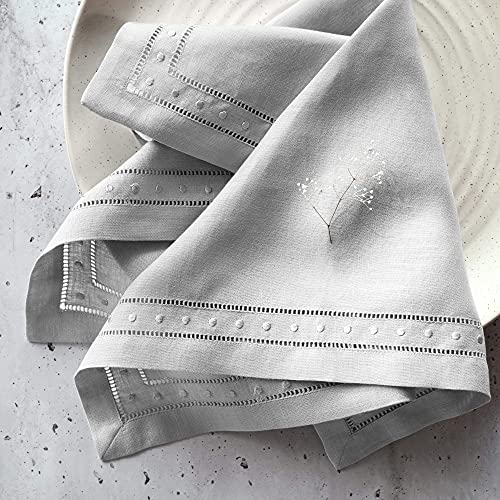 O'lucio Linen Napkins Cloth, Light Grey 45 x 45 cm, Set of 4 Hemstitched Dinner Napkins with Embroidered Swiss Dot - Image 3