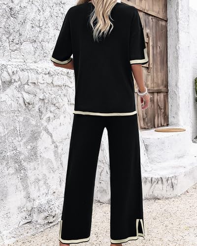 Womens 2 Piece Outfits Summer Sweater Sets Short Sleeve Knit Pullover Tops Wide Leg Pants Lounge Sets Tracksuits3