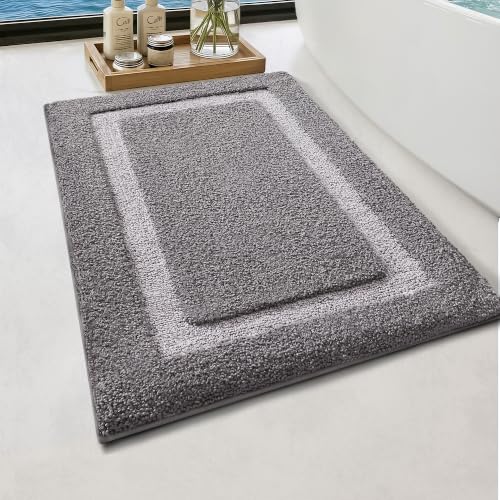 Image of Color&Geometry Mini Gray Bathroom Rugs 24x16, Extra Soft Absorbent Microfiber Bath Rug, Non-Slip Bathroom mat, Washable Plush Bath Mats for Bathroom, Shower, Bathtub, Laundry, Small, Dark Light Grey