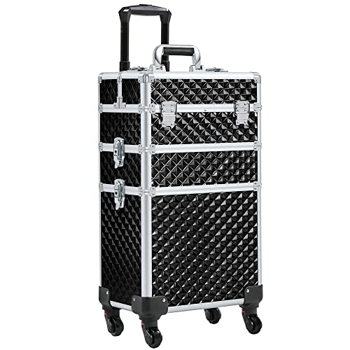 Yaheetech Valise de Maquillage 3 en 1 Coque Gaufrée Brillante avec Mallette Maquillage Verrouillable Tiroir à Casiers Valise Trolley Professionnelle Beauté/Voyage 35 × 23,5 × 67,5 cm Noir
