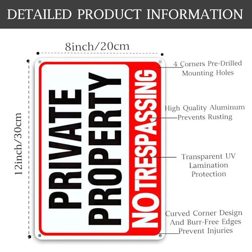 Image of 4 Pack large No Trespassing Signs Private Property, 12x8 In Aluminum Sign | Reflective aluminum signs, which are weather - resistant and easy to install, are suitable for courtyards, gates and fences