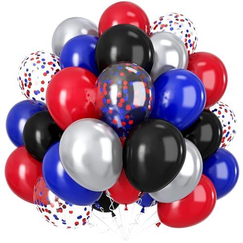 60 Ballons Noir Rouge Bleu,Ballons Latex Hélium,Rouge Bleu Confettis Ballon Pour Kit d'Arche Balloons Anniversaire Prénatale Remise de Diplôme Mariage Fiançailles Nouvel An