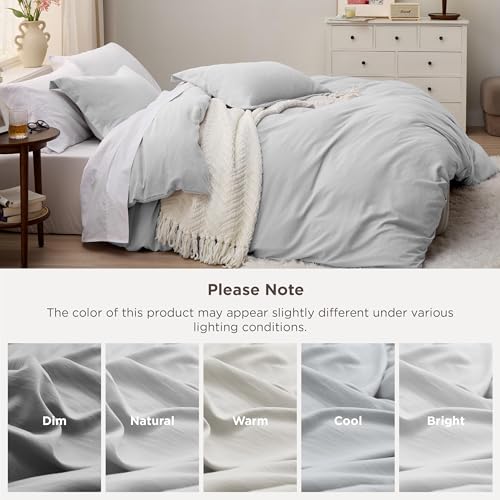 Image of Bedsure Light Grey Duvet Cover Queen Size - 3 Pieces Prewashed Cotton-Like Extra Soft Bedding Set, Includes 1 Duvet Cover 90x90 Inches with Zipper Closure & 2 Pillow Shams, Comforter Not Included