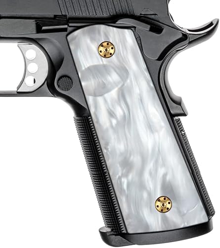 Cool Hand 1911 Magwell Grips, Comandante de gobierno de tamaño completo, perla sintética de alto pulido, negro y blanco, tornillos dorados