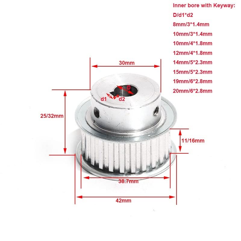 Poulie de courroie de distribution T5 avec rainure de clavette poulie de Transmission 24T largeur de courroie 11/16mm 8/10/12/14/19/20mm alésage poulie T5 24 dents(Bore 10mm Key 3x1.4,16mm)