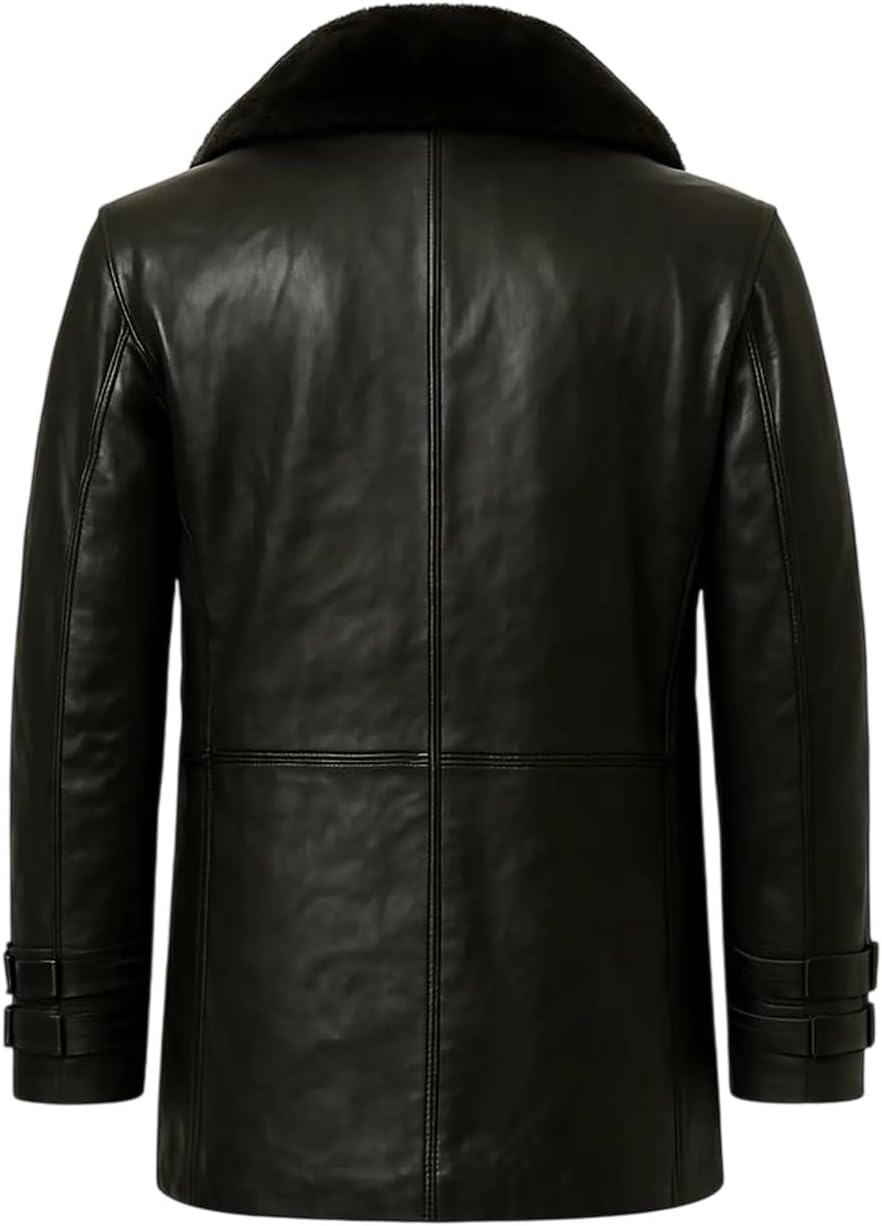 Men’s Genuine Leather Black Long Coat – RE9 Leon Kennedy Style Double Breasted Jacket with Fur Collar