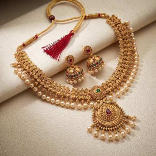 Image of Gold-Plated Antique Temple Jewellery Set for Women - Traditional Necklace with Large Peacock Pendant & Matching Jhumka Earrings | Ethnic Festive & Bridal Wear Set with Ruby & Emerald Accents