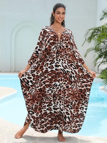 Image of IMAGEKOPE Women's Plus Size Animal Print V-Neck Batwing Kaftan Beach Dress Bathing Suit Cover-Up Loungewear