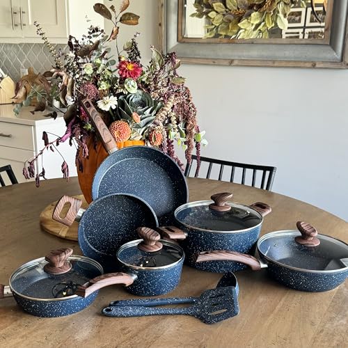 Image of MAISON ARTS Pots and Pans Set, 12 Piece Blue Kitchen Cookware Sets Nonstick | Induction Compatible, Granite Pans Set for Cooking, 100% PFOA & PFAS Free Non-Toxic, Easy to Clean, Even Heating