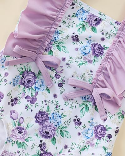 Image of Toddler Girl Swimsuit Baby Girl Bathing Suit Long Sleeve Floral Zipper One-Piece Rash Guard Swimsuit with Hat