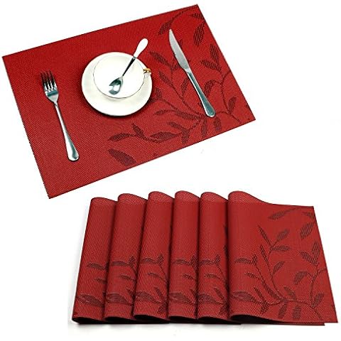 U'Artlines Place mats Heat Resistant Table Mats Non Slip PVC Woven Place mats sets of 6 (Red Leaves) Cover