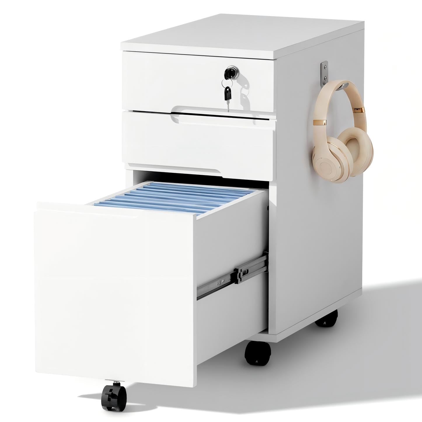 CLIPOP Caisson Mobile verrouillable, Meuble de classement sur roulettes (5 roulettes) avec 3 tiroirs, pour dossiers Suspendus A4/Letter, Meuble sous Bureau pour Bureau et télétravail, Blanc