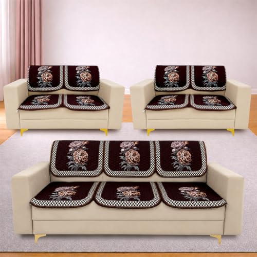 Image of Homerz 'Brooklyn Series' Premium Sofa Cover | Quilted Floral Design | Non-Slip Washable Sofa Protector | Soft Anti Slip Fabric (Ny Brown, 7 (3+2+2) Seater, Seat Cover with Backrest)