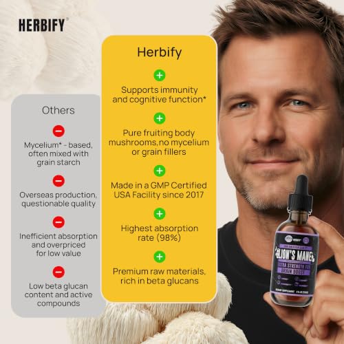Image of HERBIFY Lions Mane Supplement - Daily Mushroom Supplement for Memory, Focus & Clarity - Brain Booster - Lions Mane Tincture for Immune Support - 4 Fl oz Grape Flavor