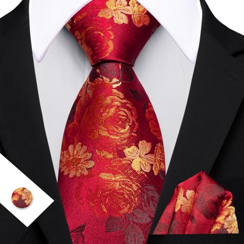 Image of Barry.Wang Men Tie Set Floral Paisley Silk Necktie Pocket Square Cufflinks Formal Wedding Party Business