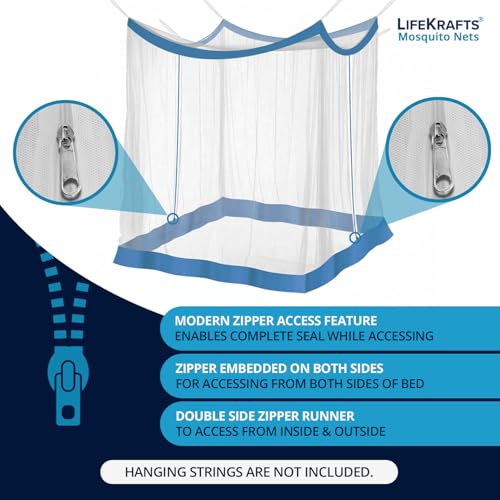Image of LifeKrafts Bed Mosquito Net - Single Size Premium Polyester Machardani (4ft x 6.5ft,Elegant White with Blue Border) | Double Zipper Entry | Washable & Durable Net for Peaceful Sleep