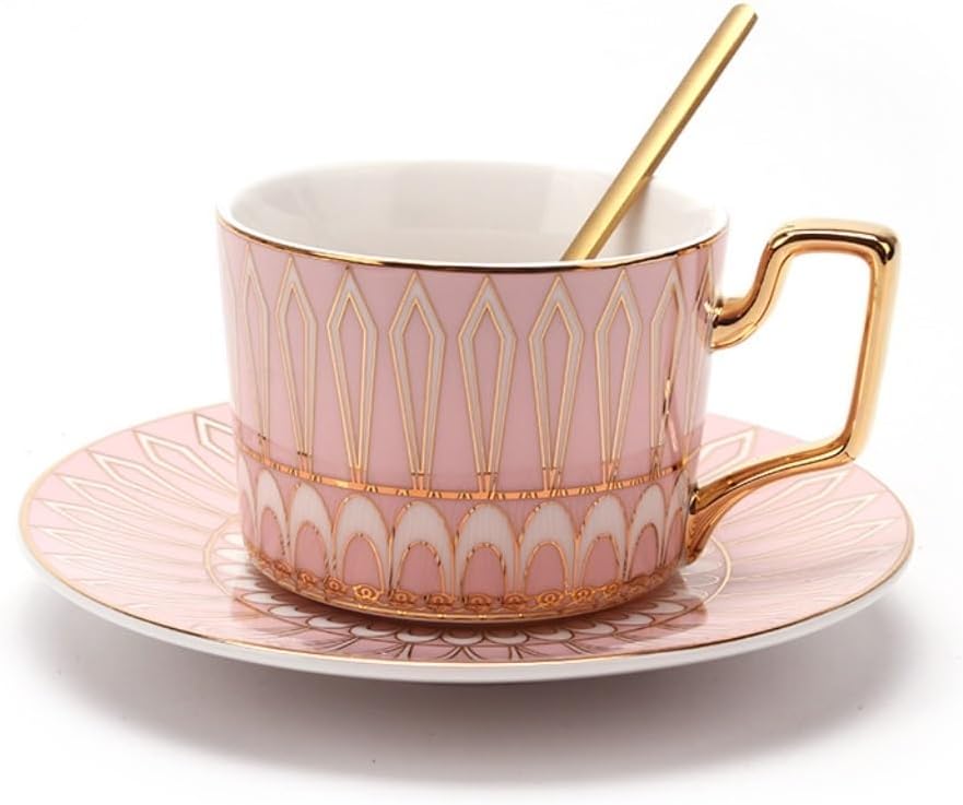Multi - Color Patterned Ceramic Coffee Cup & Saucer Set, Gold Decor(2)(4)