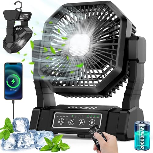Battery Operated Fan, 20000mAh Rechargeable Camping Fan for Tent with LED Lantern – 3 Colors, 4 Speeds, 4 Timing, Adjustable Head with Hook, Portable Camping Gear for Table, BBQ, Beach, Hiking,Travel