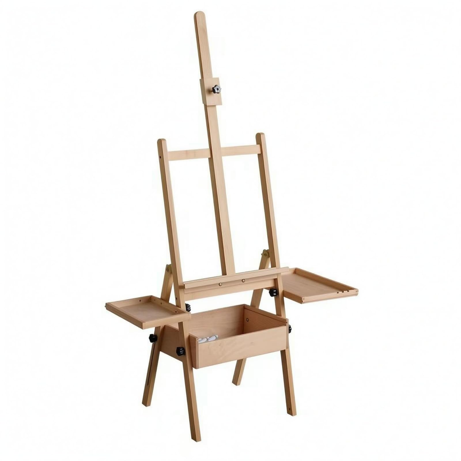 kowaku Caballete de Arte Ajustable Caballete Atril Soporte Trípode Regulable de 115 Cm y Bandeja con Cajas Laterales en Madera, Caballete De Madera Con Bandeja, Color Madera Original