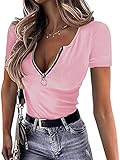 OwnTime Womens Summer Tops Short Sleeve Shirts Sexy V Neck Slim Fit Zip Up Tops Ribbed Knit Henley Shirts Blouses Light pink L