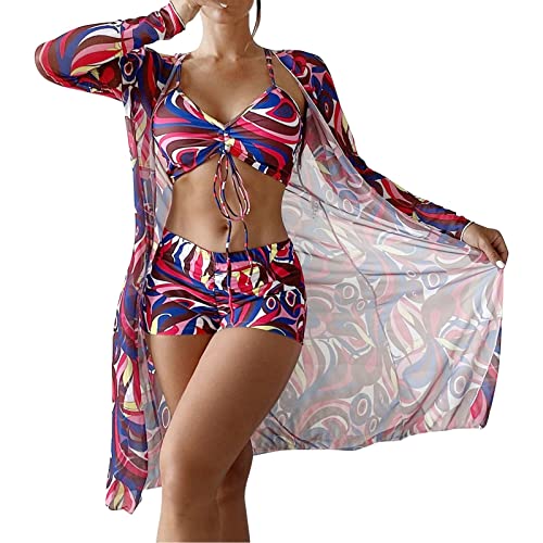 Bikinis de Cintura Alta 2022, Conjunto de Bikini Sexy de 3 Piezas, Traje de baño Tipo Pareo para Mujer, Traje de baño de Manga Larga con realce, Ropa de Playa Conjunto Bikini Niña (G, L)