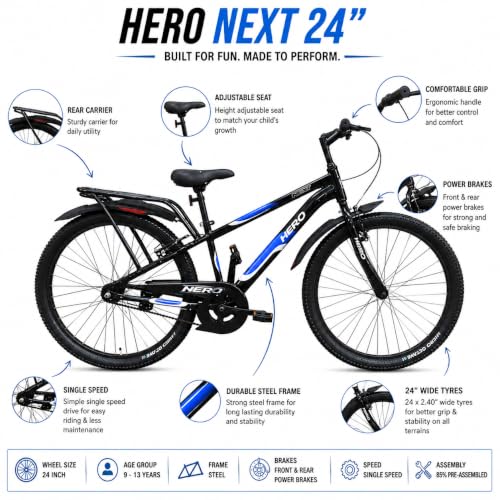 Image of Hero Next 24T Single Speed Mountain Bicycle for Boys & Girls (9-13 Years) | 24 Inch Kids Cycle | Strong Steel Frame | Front & Rear V-Brakes | Wide MTB Tyres | Comfortable Seat | Black