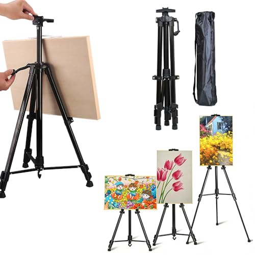 FANGCUU イーゼル 55-160cm 金属 画架 折りたたみ 携帯 軽量 三脚式 手回し 高さ調整可能 スケッチ 素描 写生 水彩 絵画 教室 屋外 室内用 (ブラック)