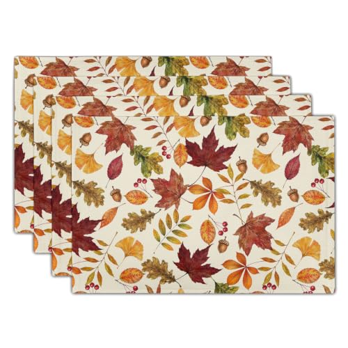 Sphragiyn Fall Placemats 12×18 Inches Set of 4 Watercolor Autumn Leaves Festival Indoor Kitchen Dining Table Place Mats for Home Party Decoration