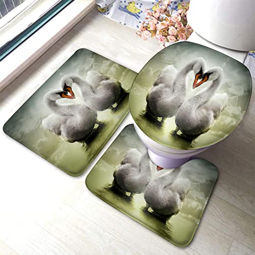 Badezimmerteppich-Set, 3-teilig, Zwei verliebte Schwäne im grünen Wasser des Teichs, waschbarer Badeteppich, rutschfest, mit Rückenpolster, Konturteppich und Toilettendeckelbezug