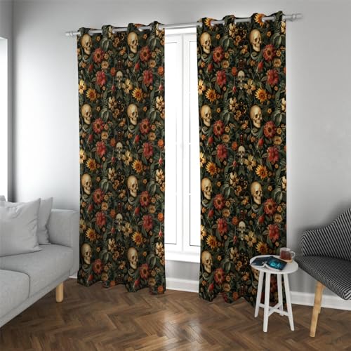 HOBBOY Vintage Floral Curtains Halloween Window Drapes Scary Skeleton Skull Pattern Thermal Insulated Curtains for Bedroom Living Room 2 Panels 2X W38xL63in