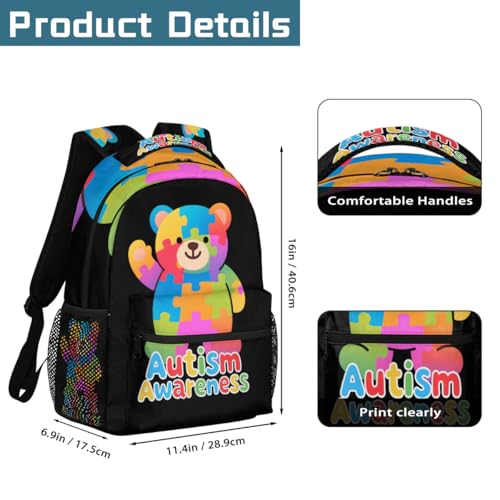 Autism Awareness Bear Kids Backpack for Boys & Girls, School Bag with Laptop Compartment Adjustable Shoulder Straps, Lightweight Travel Bookbag Casual Daypack for Students Teens2