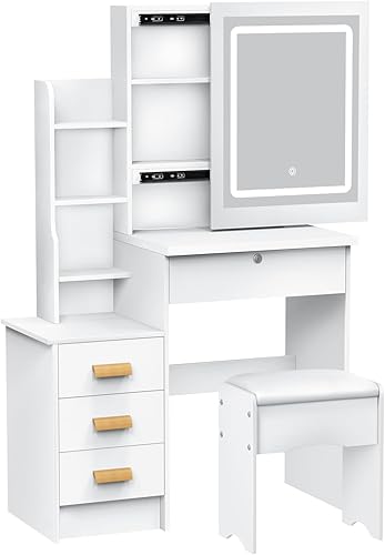 Miniatura 8 de Escritorio de tocador con espejo deslizante, juego de tocador de maquillaje con 6 estantes de almacenamiento, 4 cajones para dormitorio, vestidor,