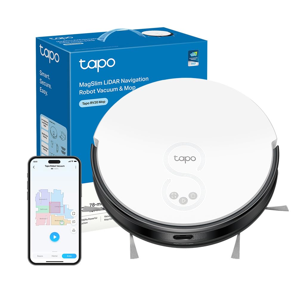Tapo RV20 Mop Robot Aspirapolvere Lavapavimenti con Mappatura, Navigazione LiDAR MagSlim, Design Ultra Compatto 7.8 cm, Zone No-Go e Muri Virtuali, Aspirazione da 2700Pa, Controllo APP&Alexa&Google