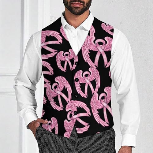Breast Cancer Awareness Ribbon Men's Suit Vests Business Formal Dress V-Neck Waistcoat Tops with 2 Pockets2