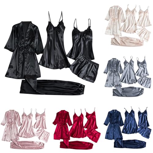 Conjunto de Pijamas para Mujer de Seda Satén con Encaje 5 Piezas Bata Camisón Top Pantalones Largos y Cortos Suave Fluida Elegante y Sedosa