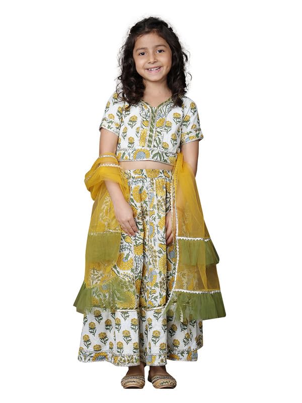 Image of superminis Girls Cotton Floral Printed Gotta Work 3 /4 Sleeves Flared Design Kurti & Sharara Set