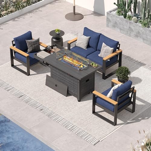 Image of Sundale Outdoor Aluminum Patio Furniture Set, 4 Piece Outdoor Conversation Sets with Fire Pit and 6 inch Thick Olefin Cushions, All Weather Outdoor Sectional Set for Deck, Lawn, Yard