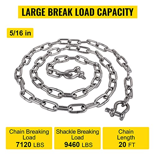 Vevor Anchor Chain, 20' X 5/16" Stainless Steel 316 Anchor Chain, Boat Anchor Chain With 3/8" Galvanized Shackle And 12" Extended Anchor Lead Chain, Works With Different Anchors, Anchor Chain For Boat #TOP2