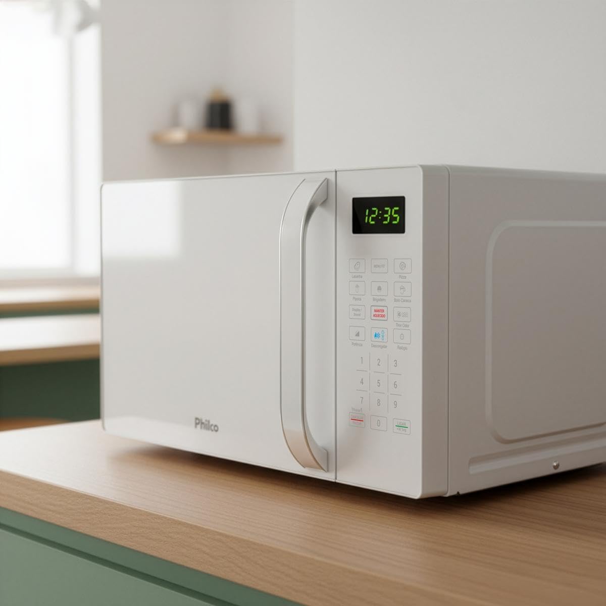 Imagem lateral do micro-ondas em uma cozinha minimalista. Imagem lateral do micro-ondas em uma cozinha minimalista.