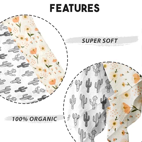 Image of BEMBIKA Bamboo Muslin Swaddle Wrap Baby 120X110 Cm Stroller Blanket Receiving Blanket for Newborn | Flowers & Cactus(Pack of 2)