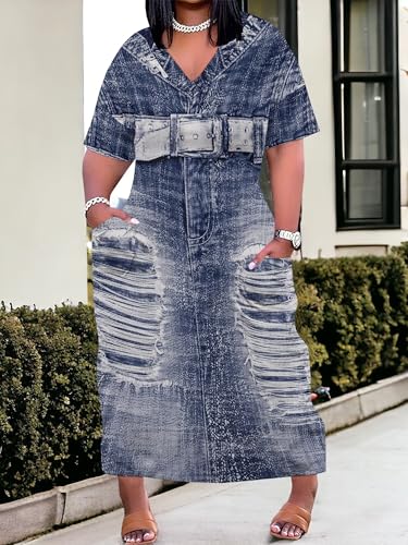 Image of SUZONANA Plus Size Denim Print Maxi Dresses for Women Casual V Neck Short Sleeve with Pockets Soft Jean Look Dress XL-6XL