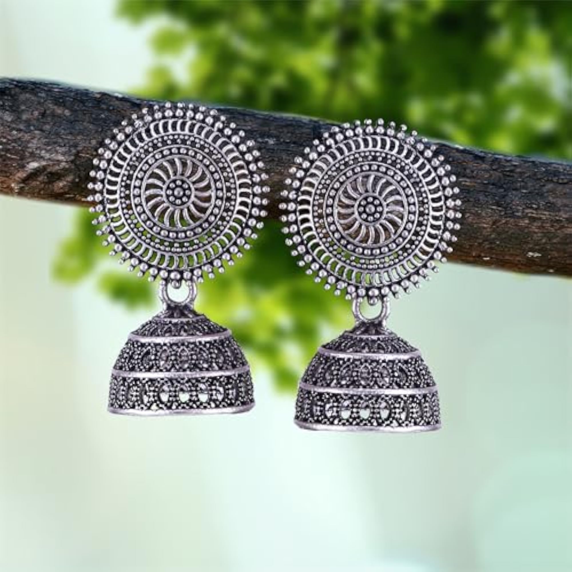 Women's Oxidised Silver Jhumka Earrings with Pearl & Peacock Motif